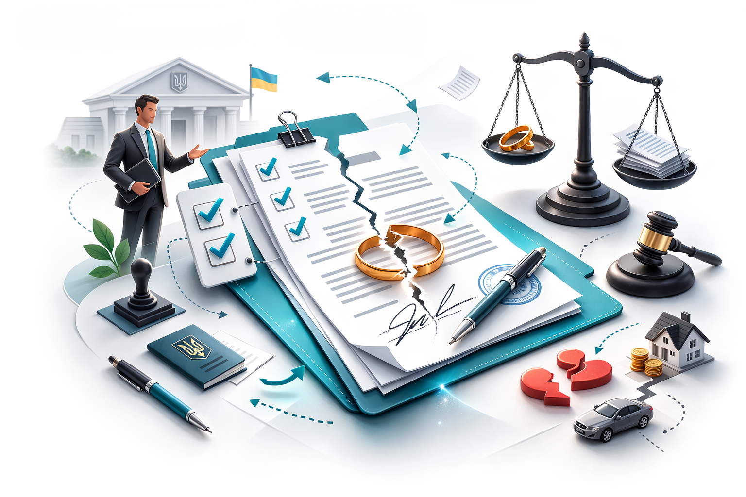 окументи на розлучення через суд та ДРАЦС з печаткою, підписом і терезами правосуддя