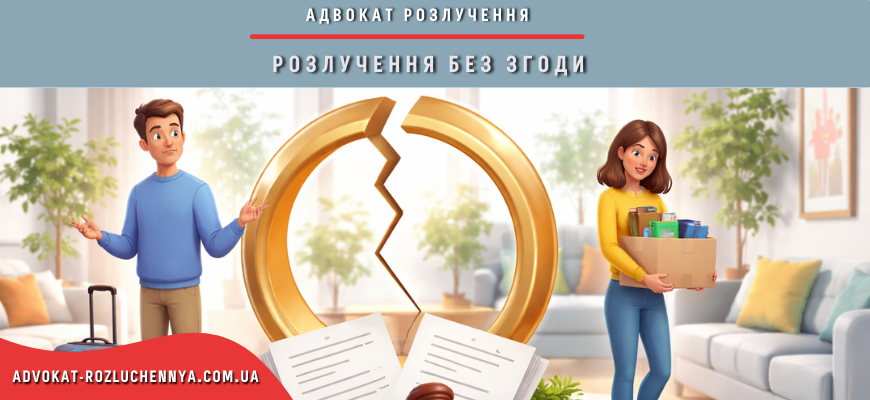 Розлучення без згоди через суд із символом розірваного шлюбу та судовим рішенням