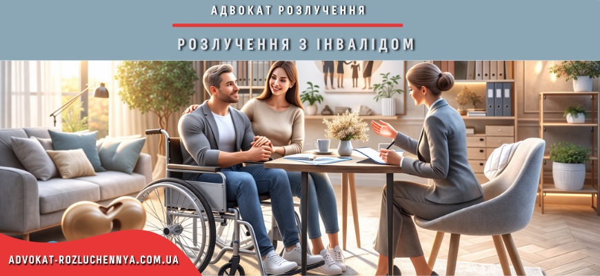 Розлучення з інвалідом консультація адвоката у світлому офісі з парою та чоловіком на візку