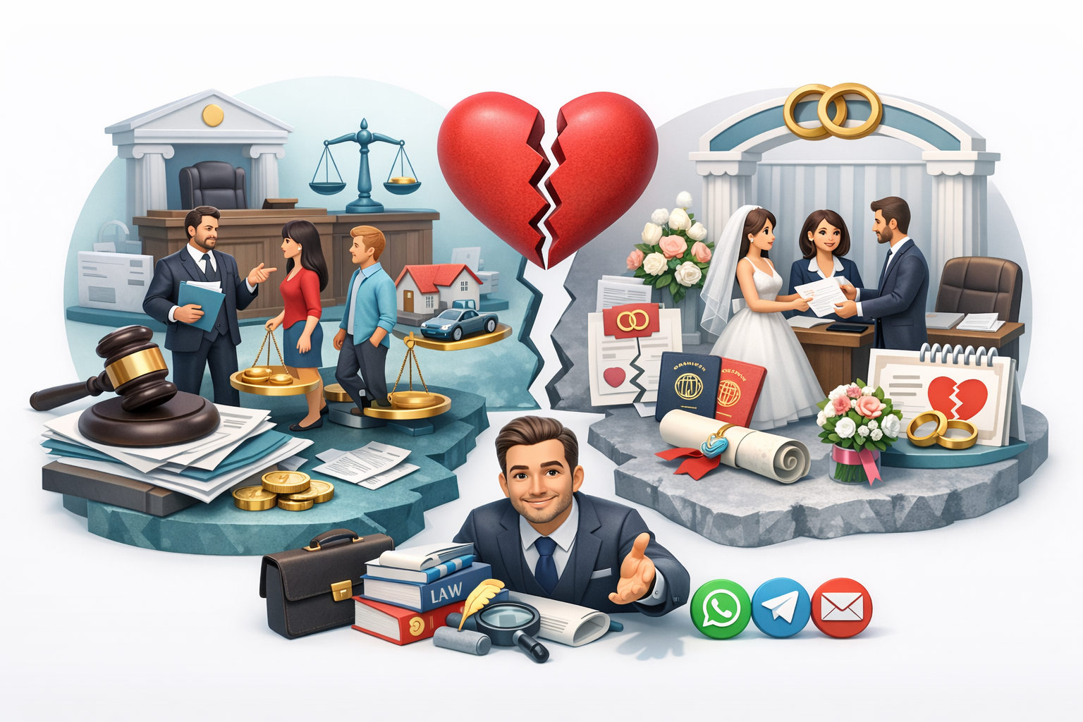 Вартість послуг при розлученні через суд та РАЦС із символами суду, документів і адвокатського супроводу