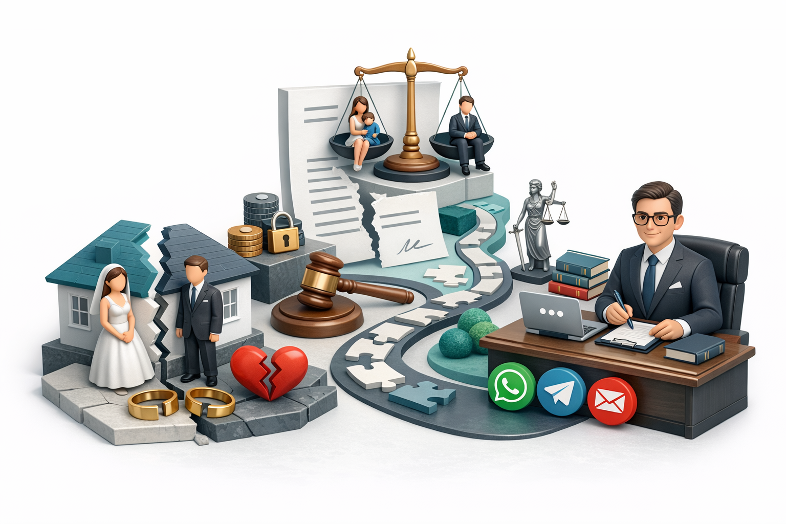 Заява на розлучення через суд із символами поділу майна, дітей та судового процесу